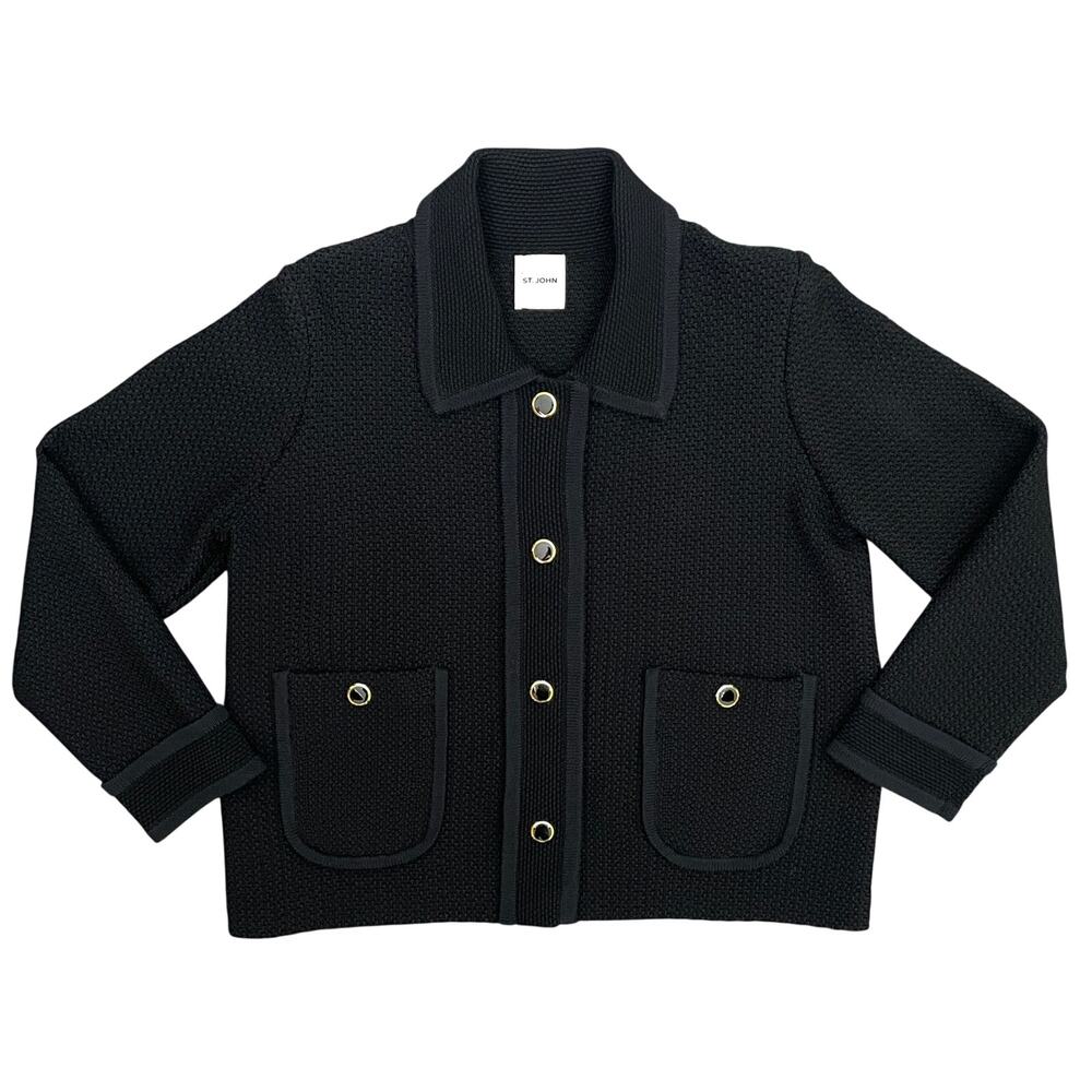 St. John Multiscale Textured Stretch Knit Collared Jacket Black XL Old Money